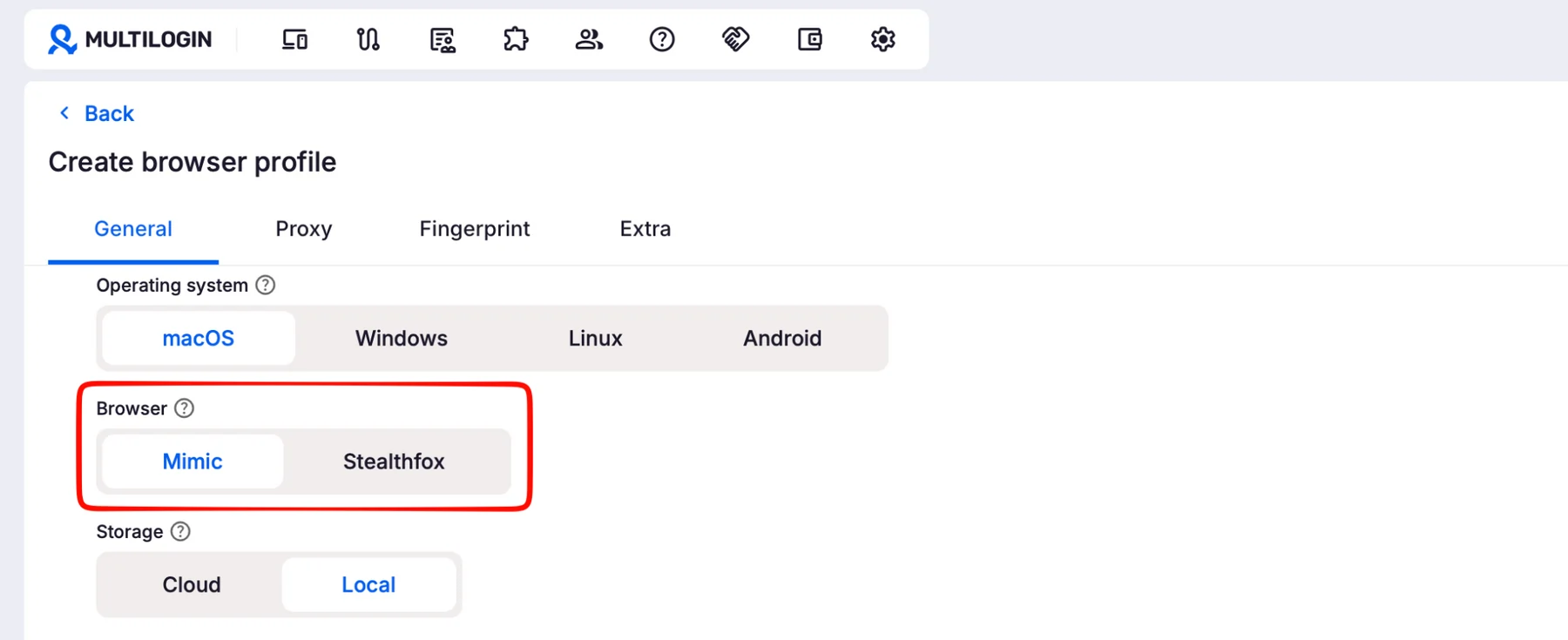 Choose a browser type in Multilogin