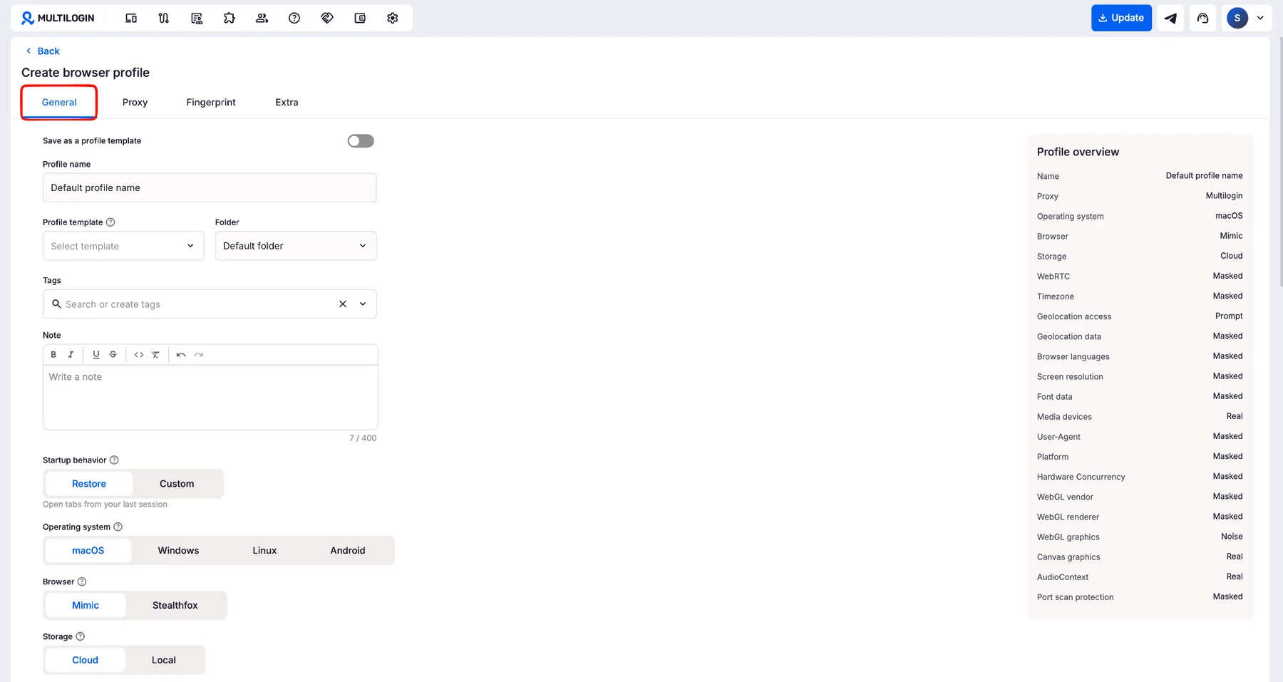 Click "New Profile" to create a fresh browser profile