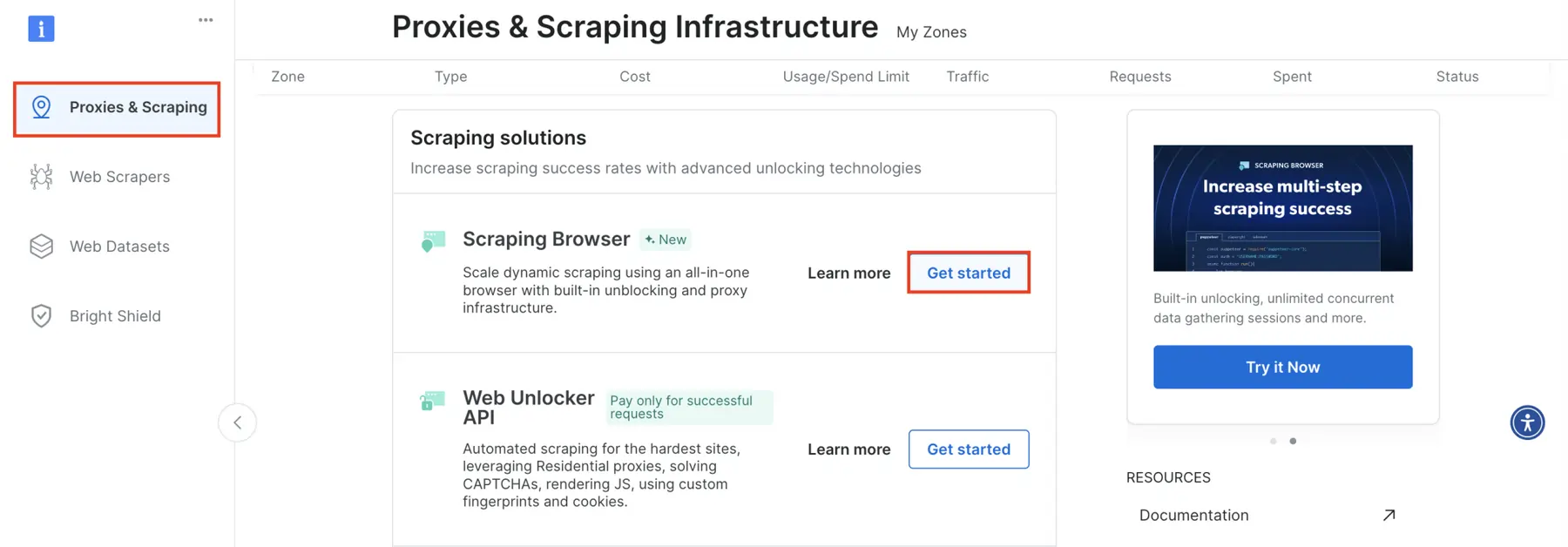Click on Proxies & Scraping in Bright Data