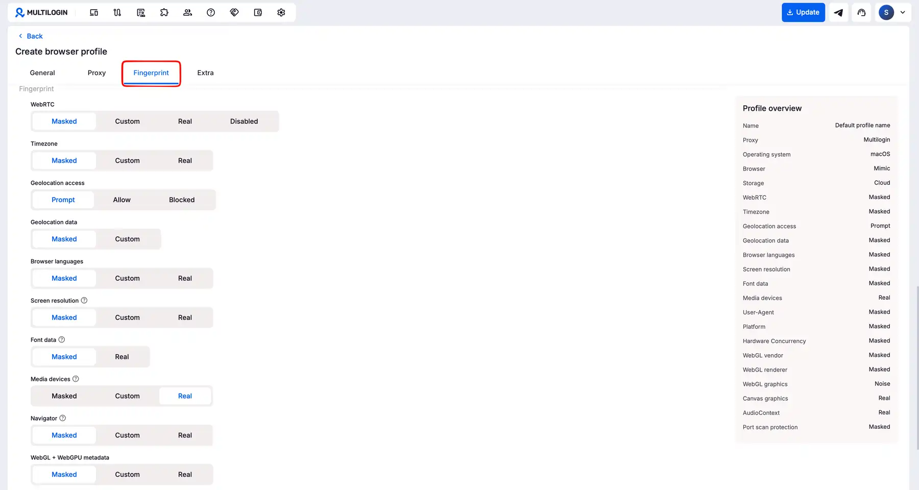 Configure fingerprint settings in Multilogin