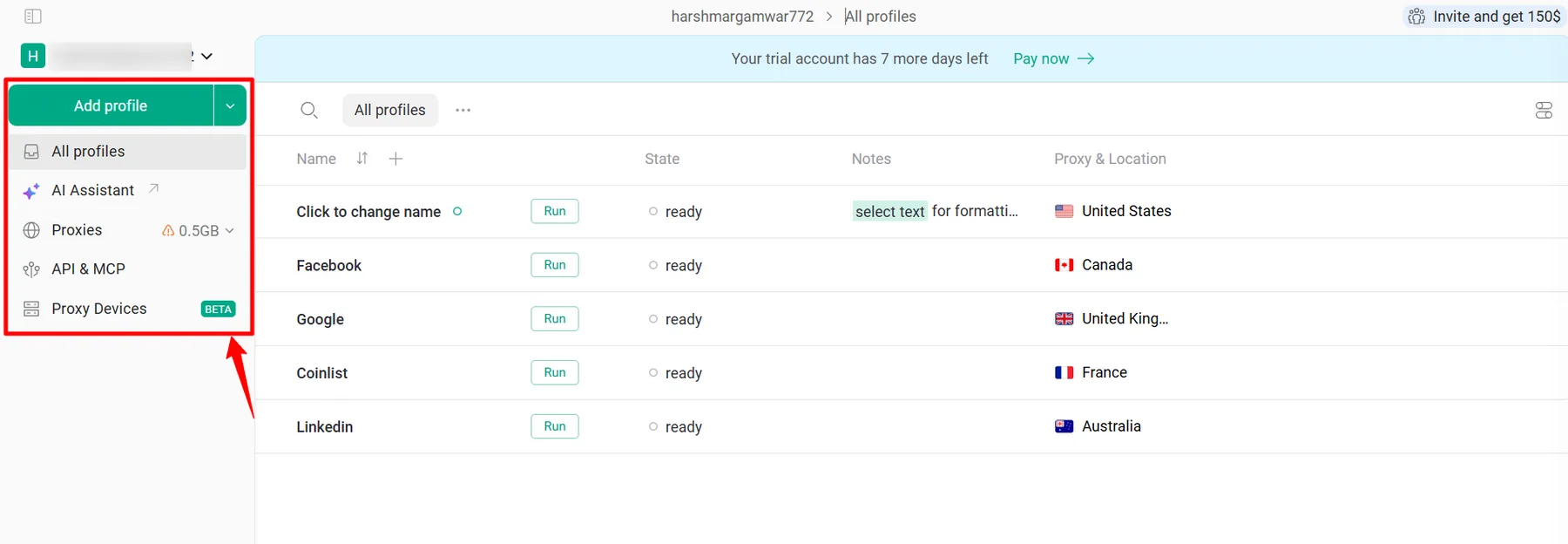 GoLogin Interface