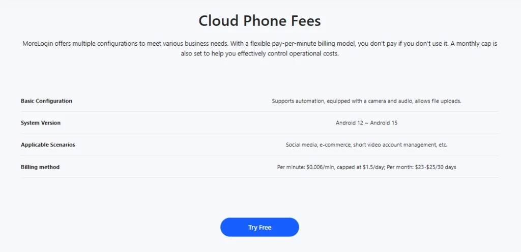 MoreLogin Pricing Explained: Plans, Cloud Phone & Add-Ons 7 MoreLogin Cloud Phone Pricing