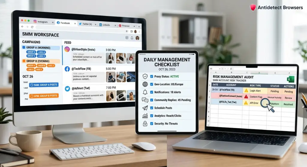Social media daily workflow structure for account management