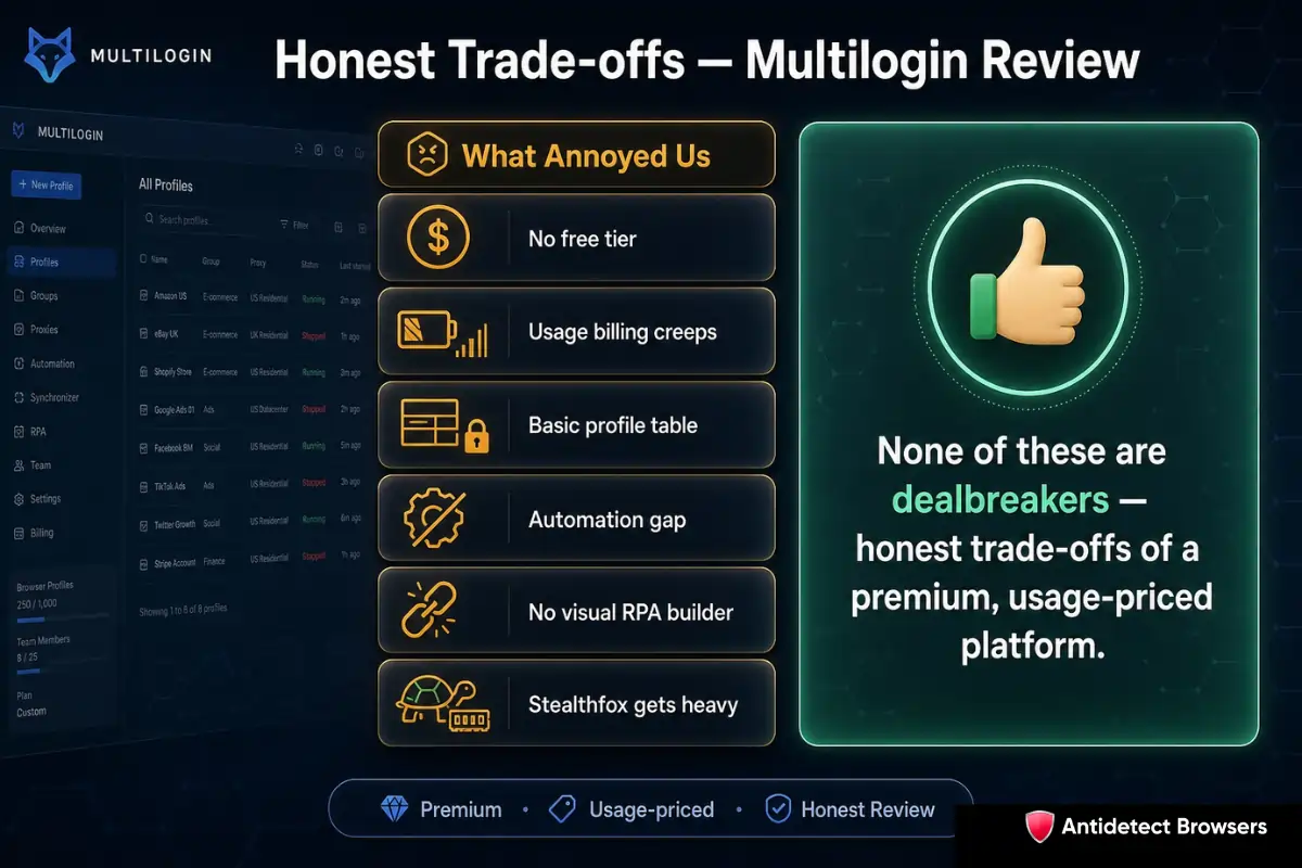 Multilogin Review 2026: Antidetect Browser Tested 3 Months 8 Multilogin dashboard showing usability and feature limitations