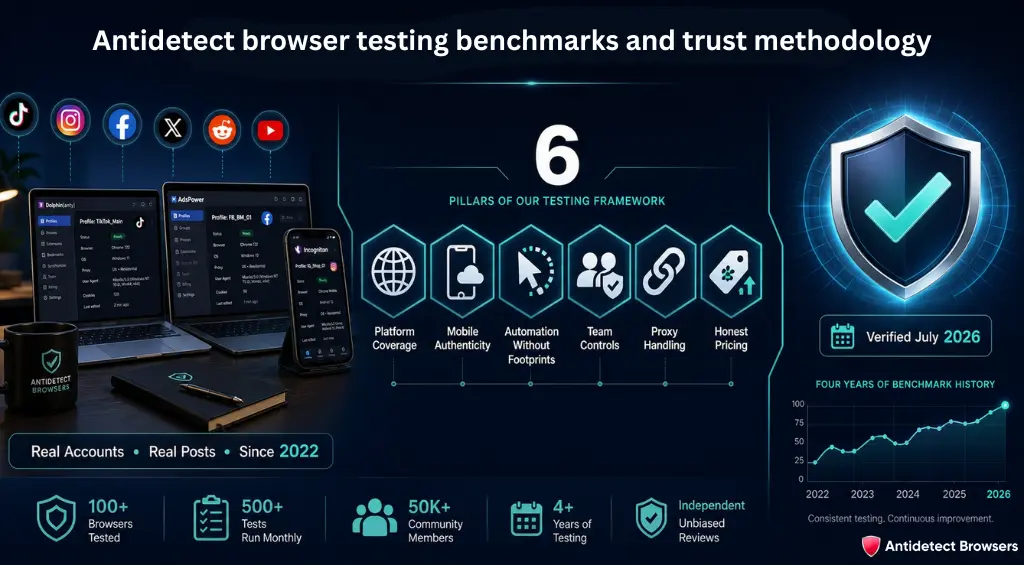 Top 6 Antidetect Browsers for Social Media Management in 2026 2 Antidetect browser testing benchmarks and trust methodology