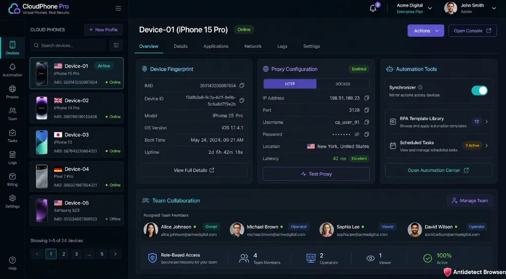 What Is a Cloud Phone? Full Antidetect Phone Guide for 2026 3 Cloud phone dashboard showing fingerprint and proxies