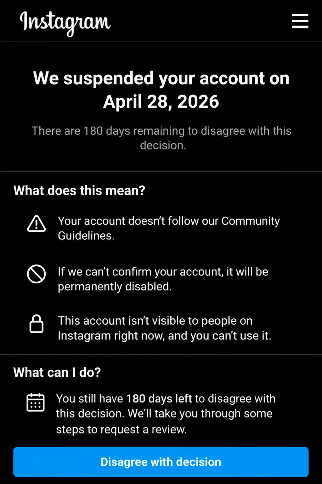 Instagram Account Suspension Notice