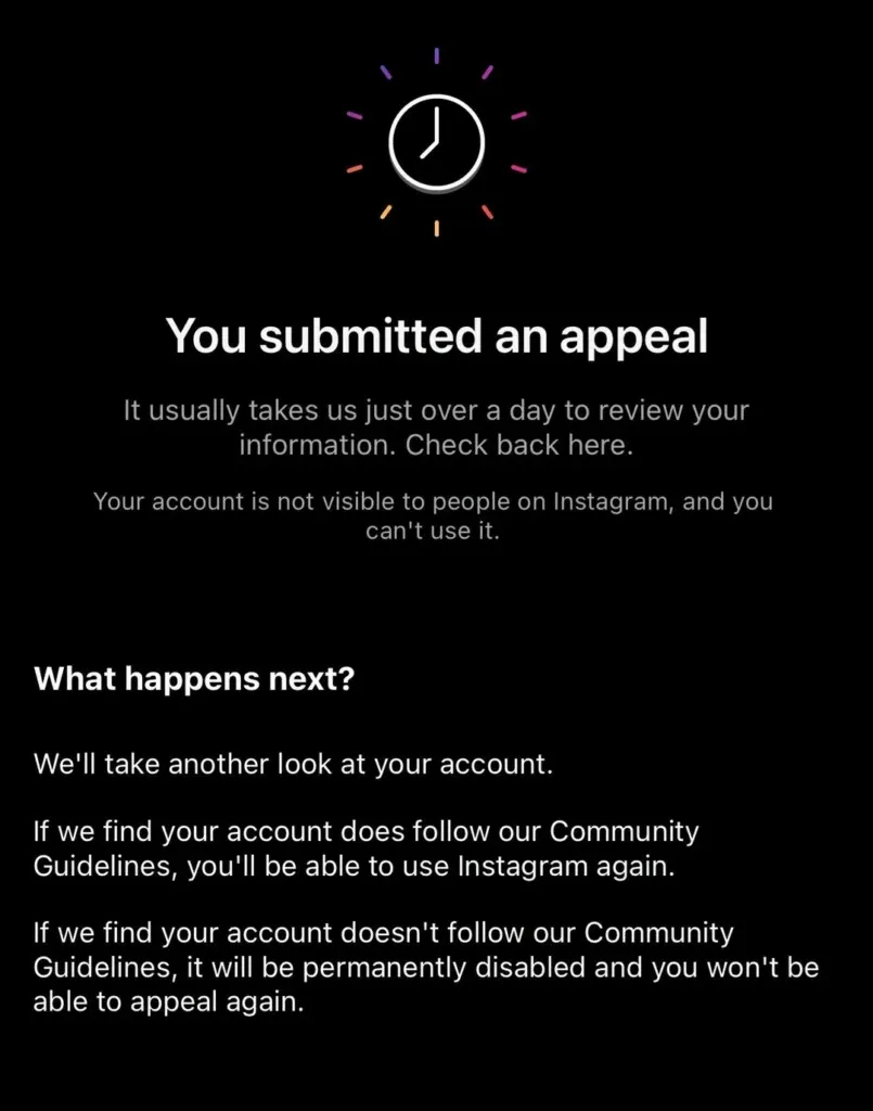 Instagram suspension account appeal application submitted
