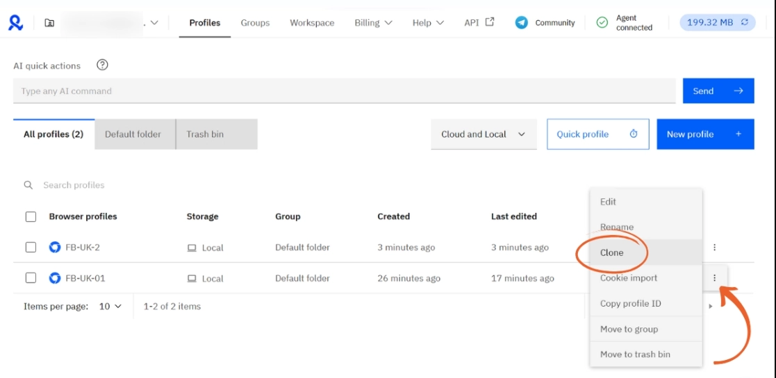 Multilogin profile cloning