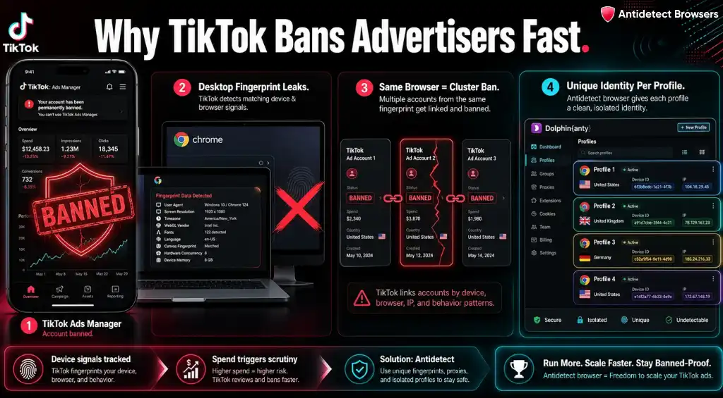 7 Best Antidetect Browsers for TikTok Ads: Tested & Ranked 2 TikTok ad account browser fingerprint detection process